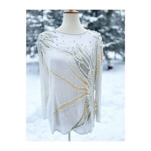 80s Zimble Beaded Sequin Blouse 100% Silk Balloon Sleeve White Gold Formal Sz L